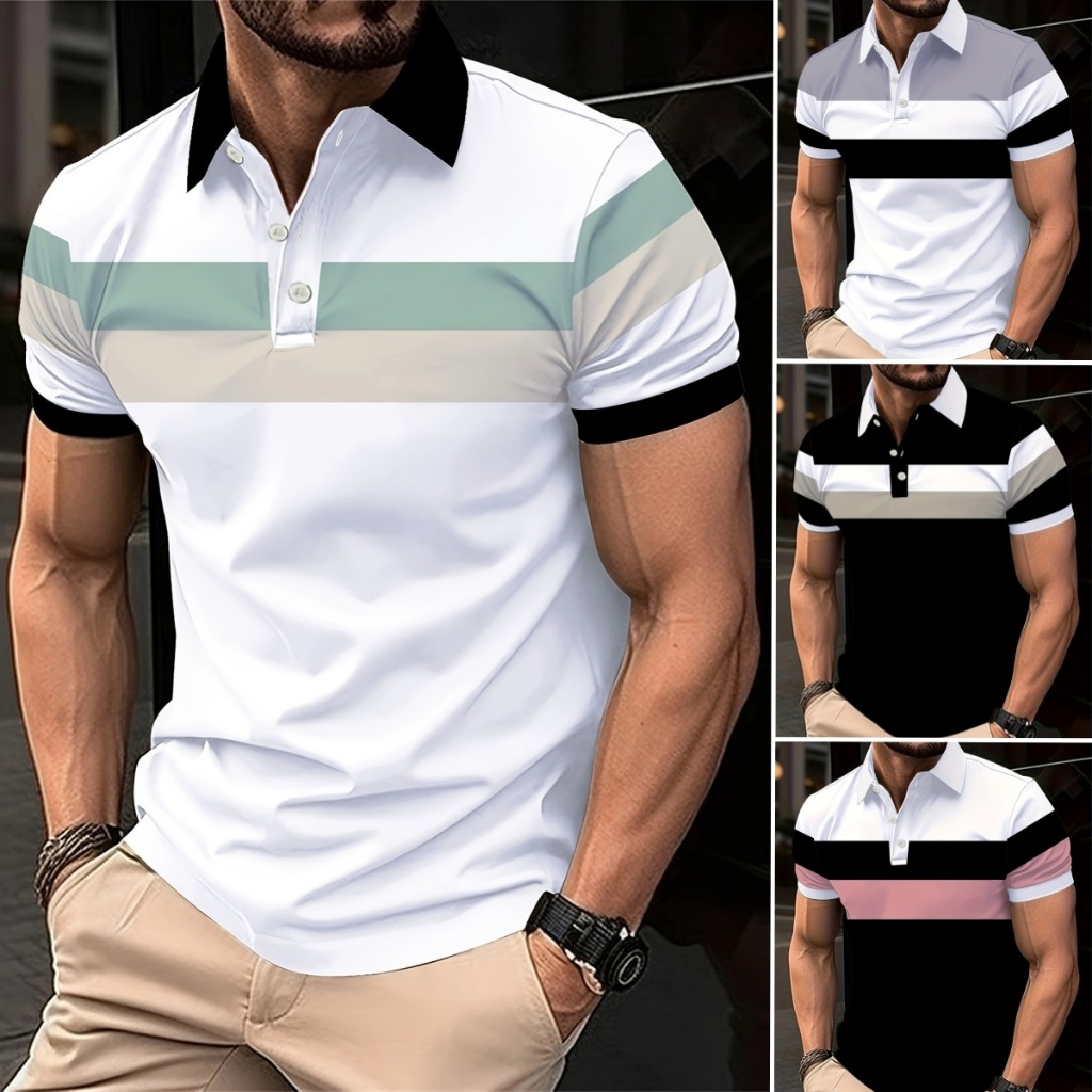 Camisa Gola Polo Casual Masculina Manga Curta Camiseta Blusa Qualidade Blocos de Cor Premium
