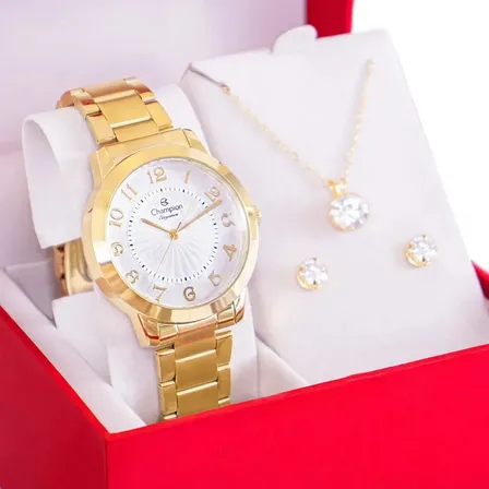 Relógio Feminino Champion Analógico Cn25118w Dourado Fundo Branco Pulseira Em Aço Inoxidável + Kit Colar E Brincos