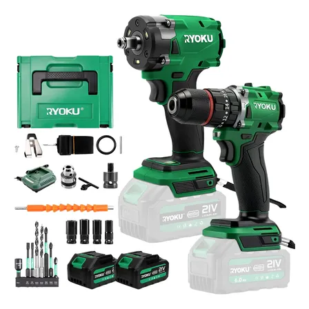 Kit Parafusadeira Furadeira+chave De Impacto Brushless Ryoku Verde 127/220v