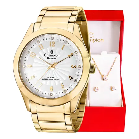 Relógio Champion Feminino Dourado Com Colar E Brincos, Mostrador Branco
