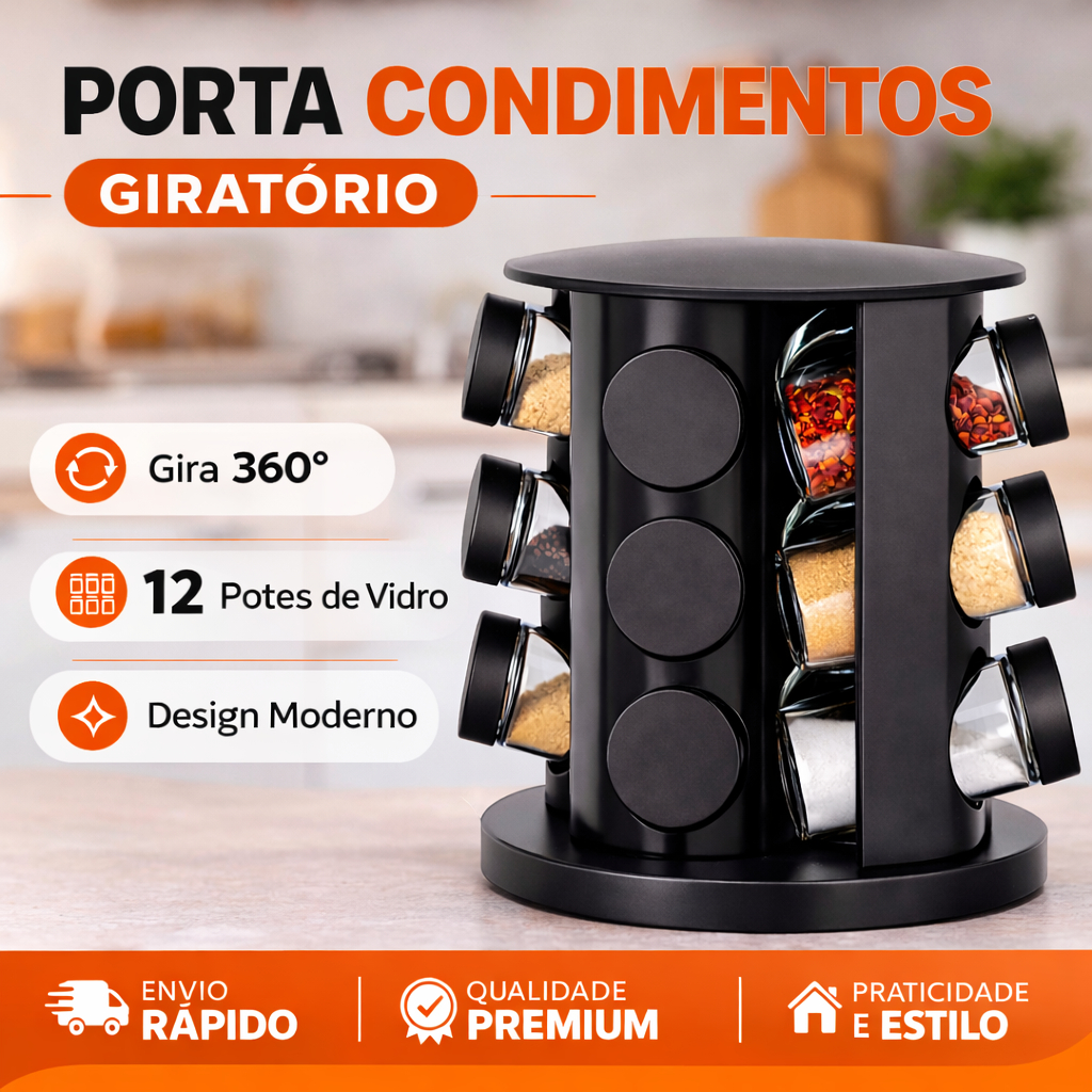 Porta Tempero Giratório 360º 12 Potes de Vidro Condimento Organizador Qualidade Excelente Imediato!!