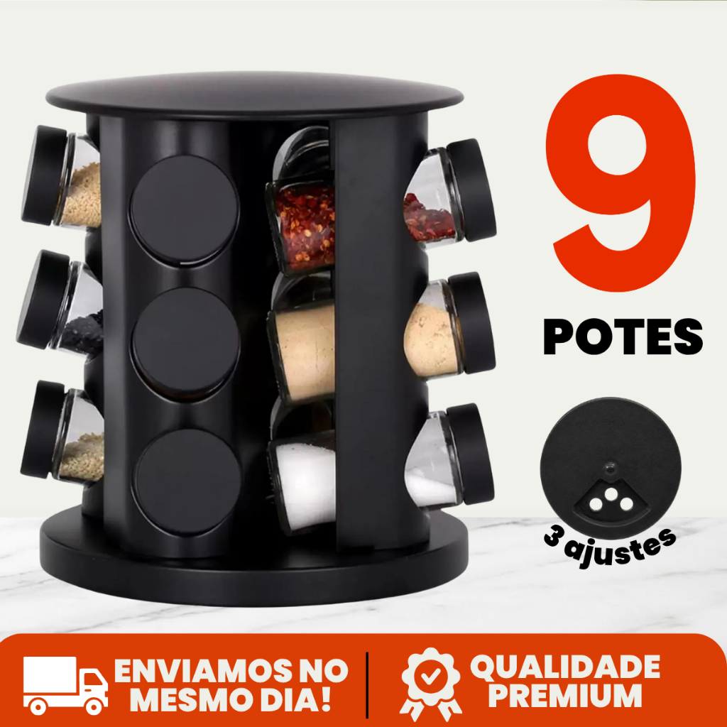 Porta Tempero Condimento Girátorio 9 Potes Cozinha Preto 360 Graus Organizador Dosador Profissional