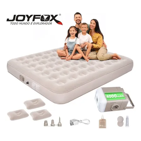 Colchão Inflável King Joyfox Creme 200x180 Tamanho Real Bomba Lítio Sem Fio Tipo-c Infla 3 Minutos Não Afunda Cama Extra Alta Luxo Com Travesseiros Conforto Casa E Camping